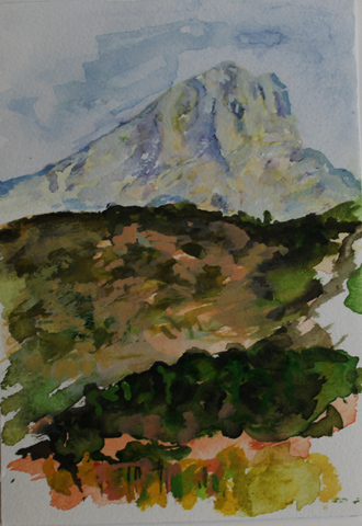 Kirsten K&ouml;tter: Montagne Sainte-Victoire vom Barri&egrave;re (Stausee), 04.10.2013, mittags, Aquarell, 12 &times; 17 cm
