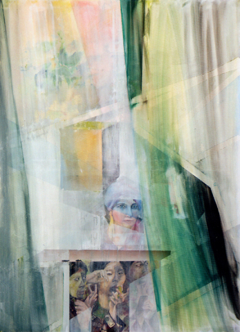 untitled (Natascha Kampusch at first TV appearance), palimpsest (overpainting Indonesian female soldiers applying make-up) / ohne Titel (Natascha Kampusch beim ersten TV-Auftritt), Palimpsest (Übermalung Indonesische Soldatinnen beim Schminken), 2007 / 2010, oil, acrylic, canvas, 120 × 100 cm (Kirsten Kötter)