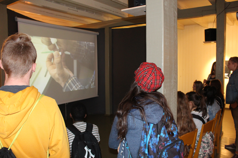 Kirsten Kötter: Video Site-specific Research Nature. Kevo Subarctic Research Institute Utsjoki, Finland. In: '60 years of Kevo', multidisciplinary exhibition, Liedon Vanhalinna, University of Turku, Finland, 29.11.2017 - 20.05.2018. Young visitors watching the video