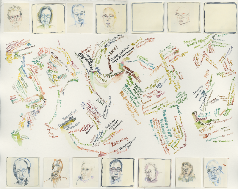 2020-11-16_familienausschuss-bildungs-jugendstaetten, German Bundestag, Committee on Family, Senior Citizens, Women and Youth, 
  watercolour, 50 × 65 cm (Kirsten Kötter)